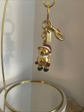 Coach Gold Teddy Bear Keychain with Red & Black Accents